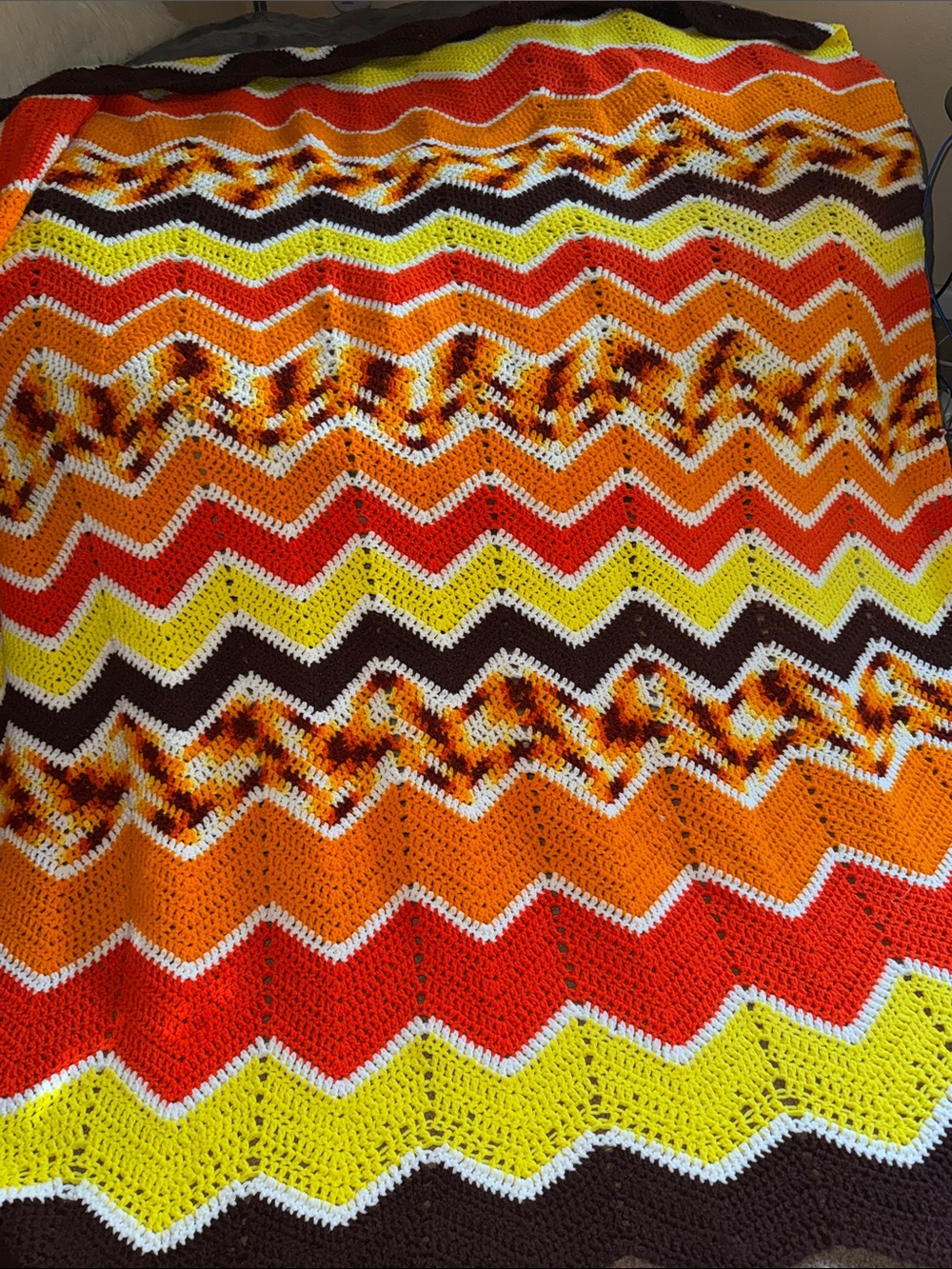 Hand Crafted Orange, Yellow, Brown Chevron Crochet Throw Blanket - Picture 3 of 6